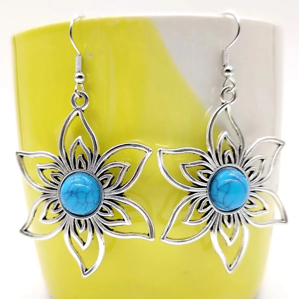 Silver Turquoise Gem Boho Flower Earrings